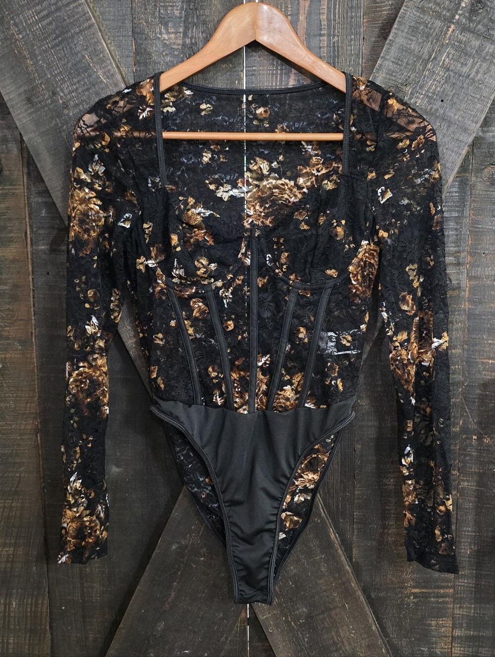 Shein Black Floral Lace Long-Sleeve Sheer Bodysuit Medium